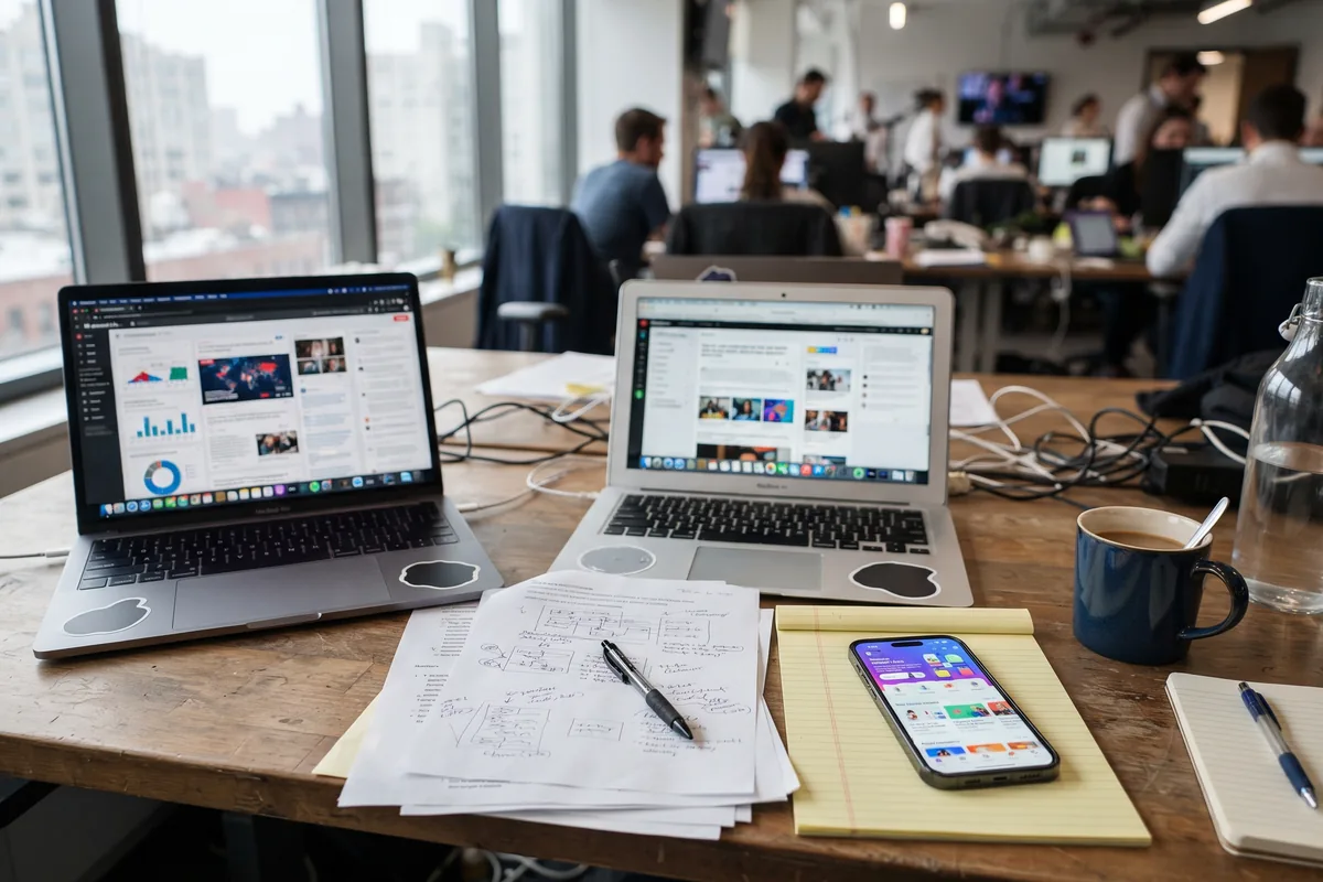 Editorial desk with laptops, notes and a phone showing a gaming platform under review