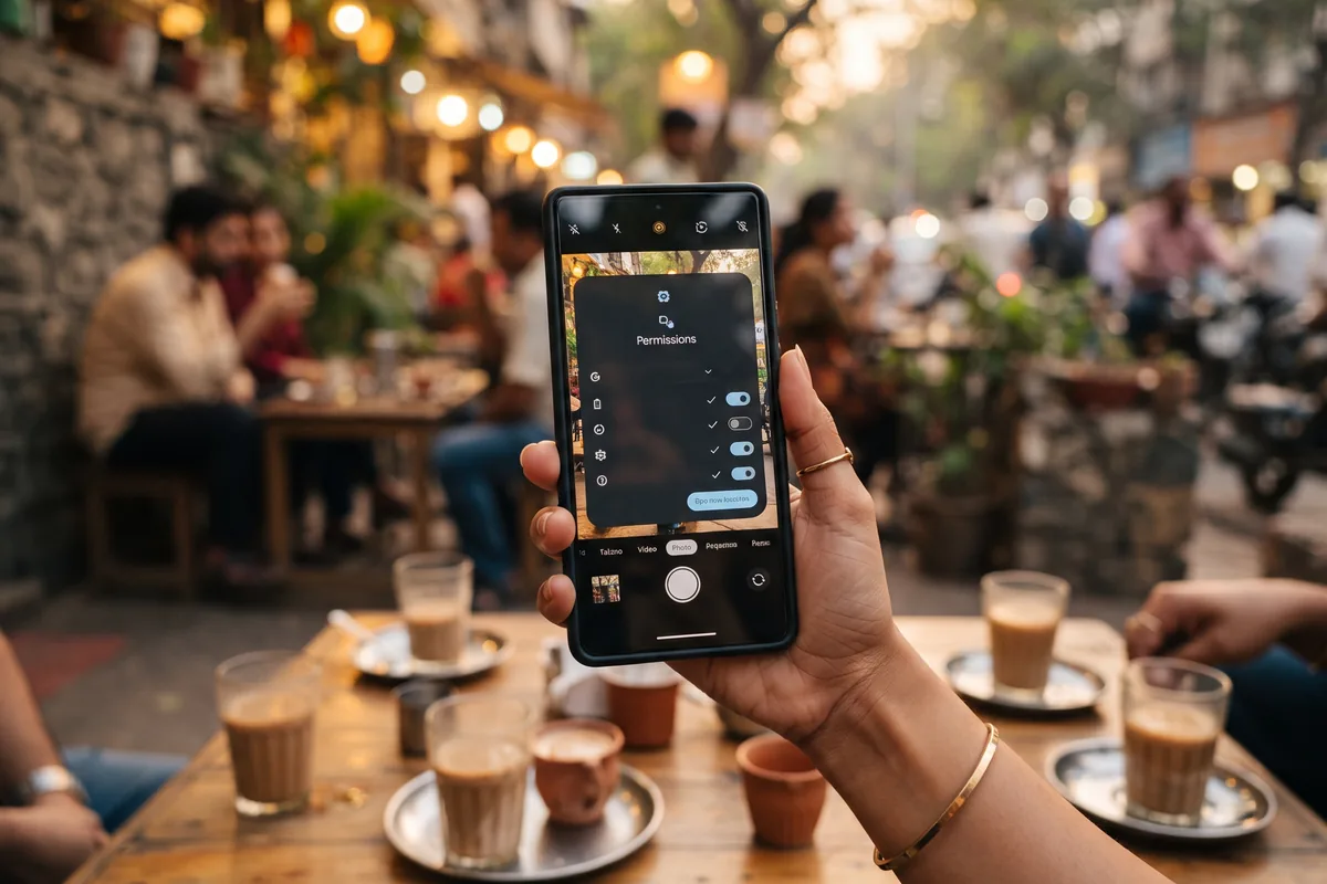 Android phone held in hand showing an APK installation permission dialog, Indian street cafe background
