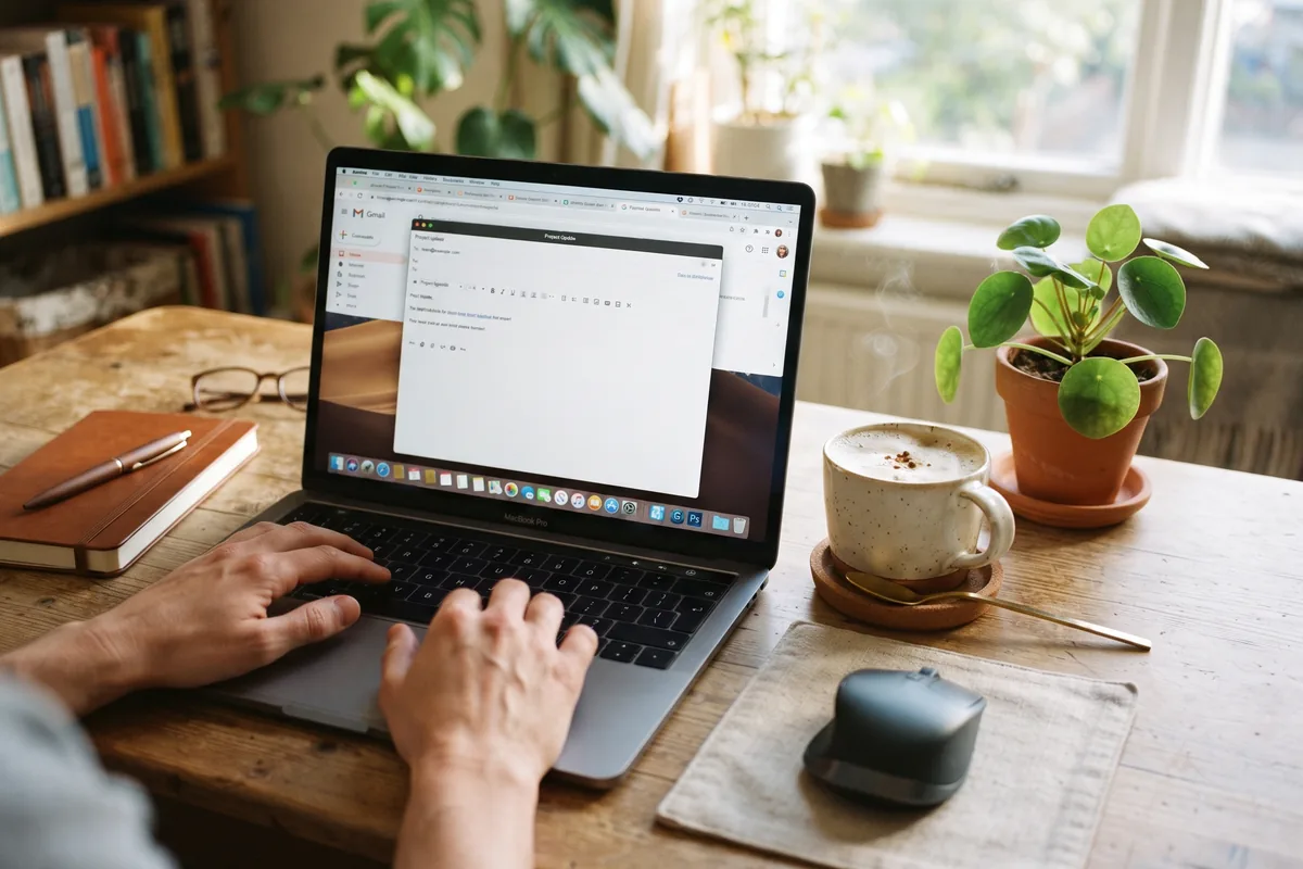Workspace with an open laptop showing an email compose window and a cup of chai