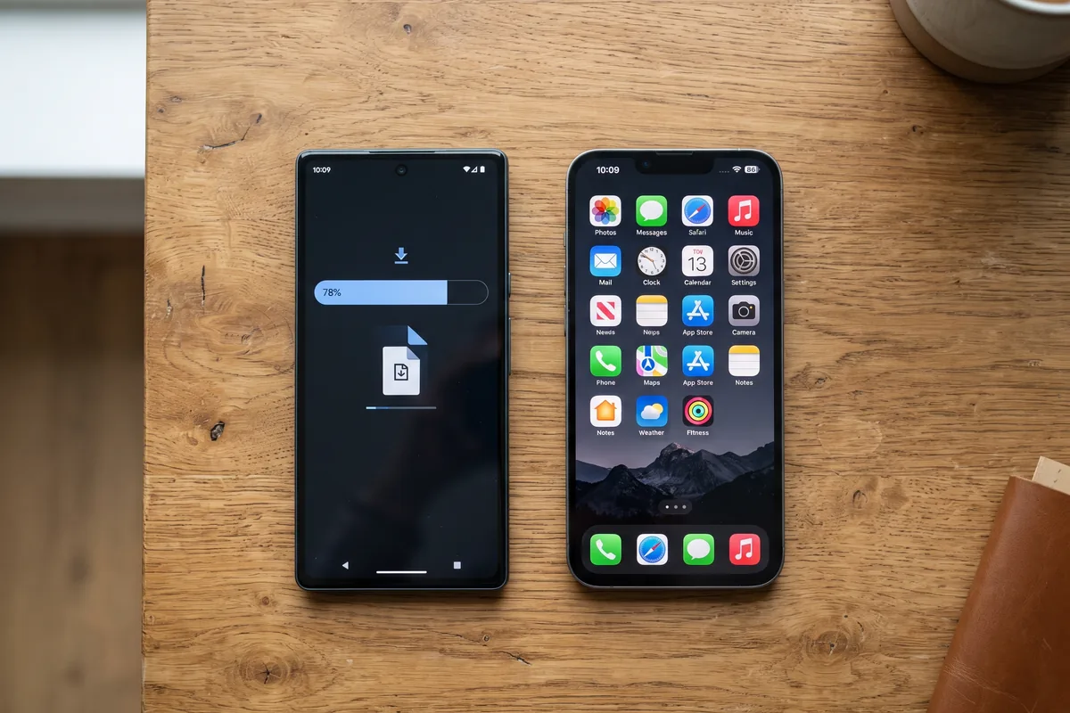 Two smartphones side by side, one Android with a progress bar and one iPhone with a home screen shortcut