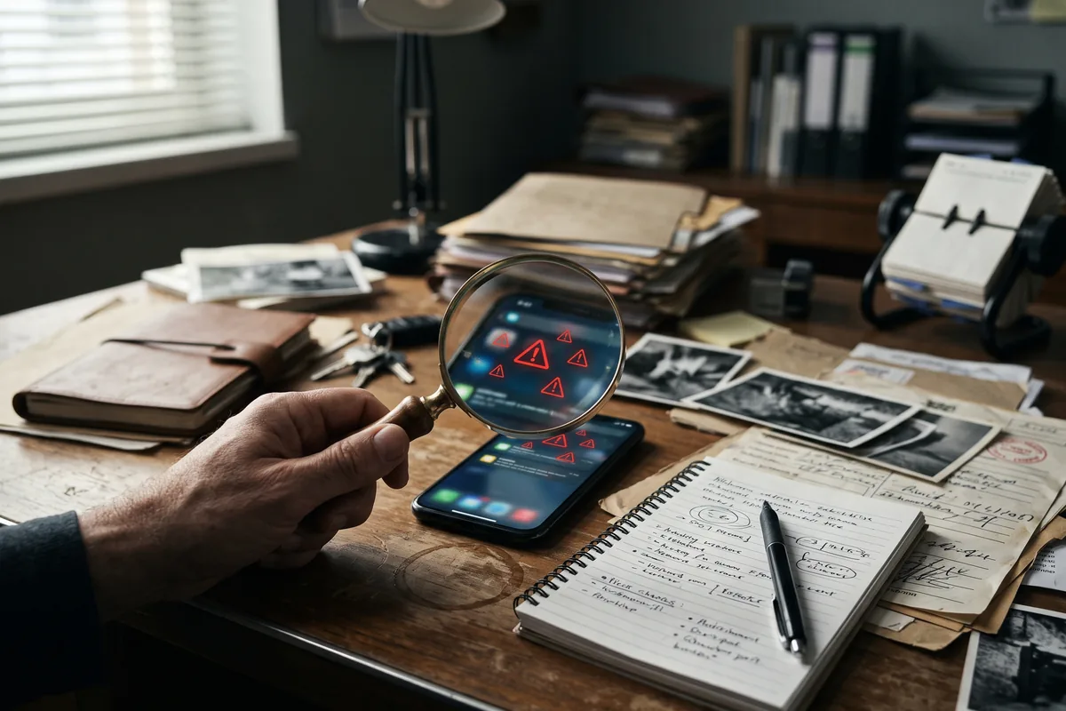 Magnifying glass over a smartphone screen with warning icons, detective style desk scene