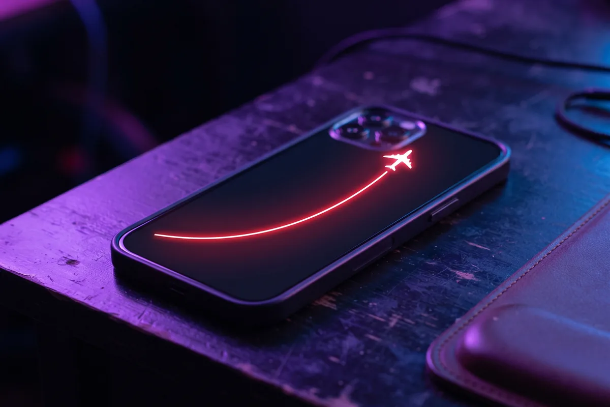 Smartphone with a rising red curve on screen resembling a flight chart, dark neon room