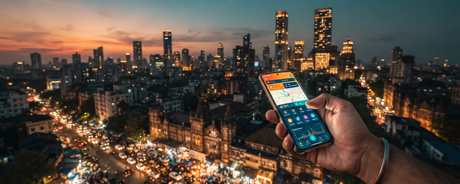 IndWin7 in India - wide panorama of an evening Indian city skyline with a glowing smartphone in the foreground