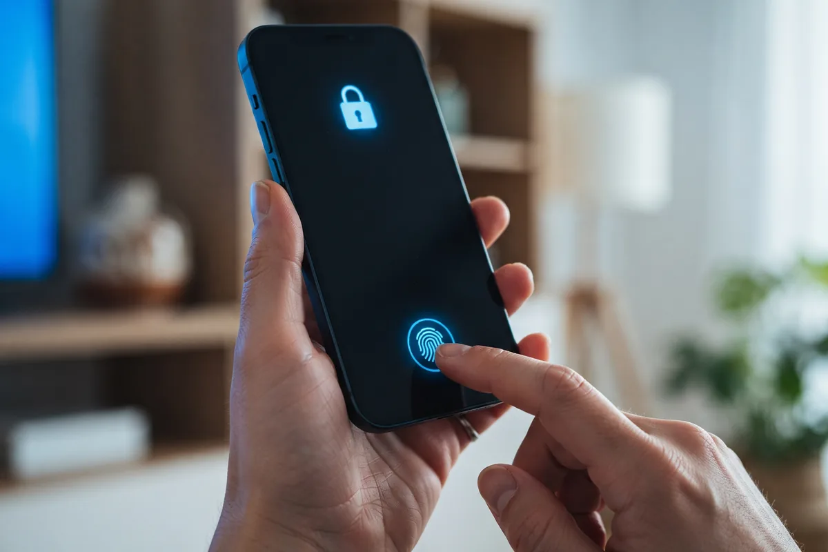 Close-up of a smartphone with a fingerprint scanner prompt and a padlock symbol on screen