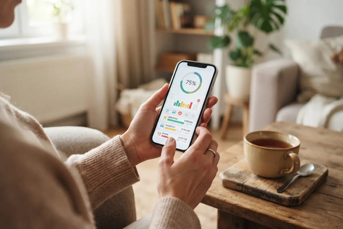 Hands holding a phone with a timer and budget limit app, calm home interior