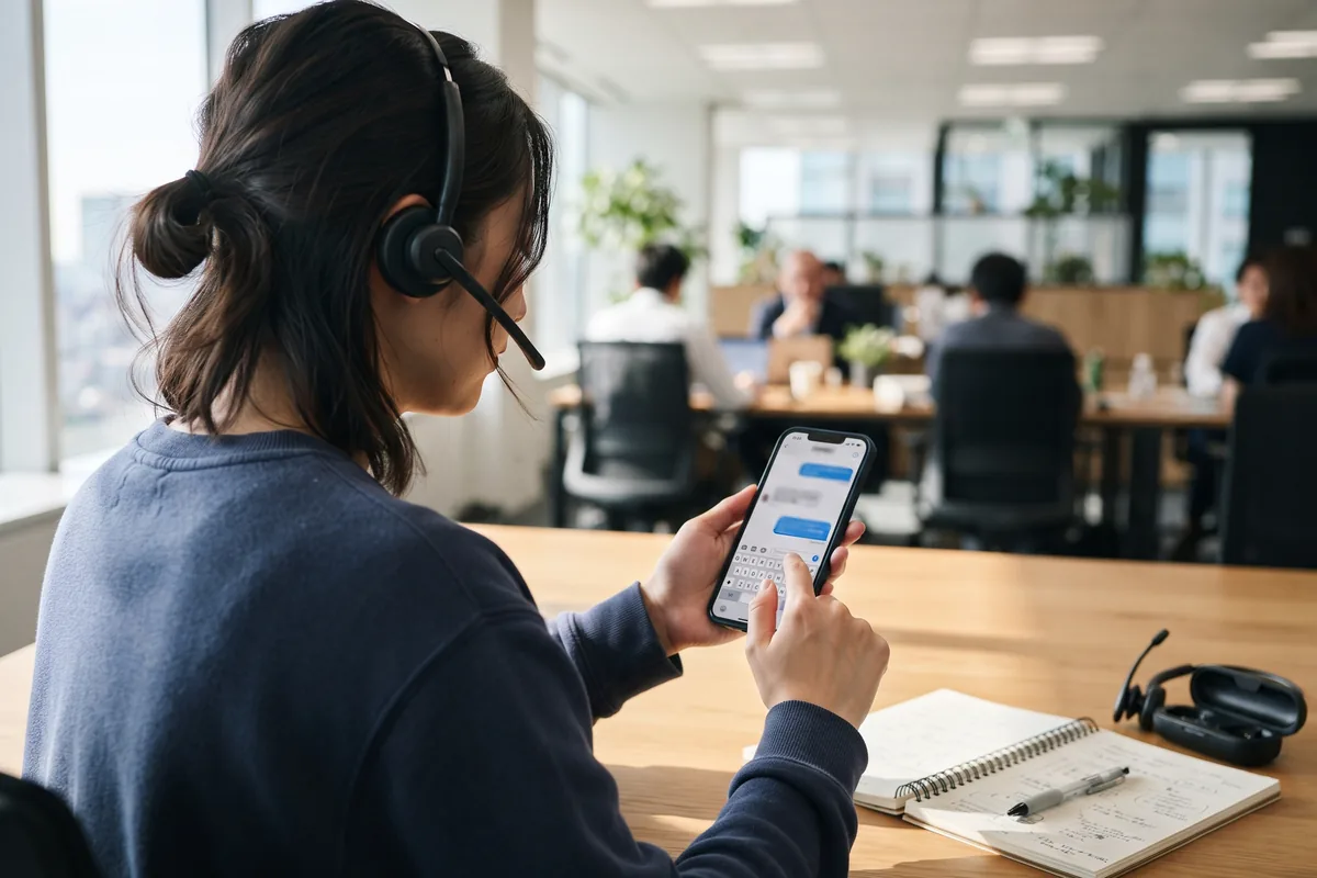 Person typing in a live chat support window on a phone, headset on the table nearby